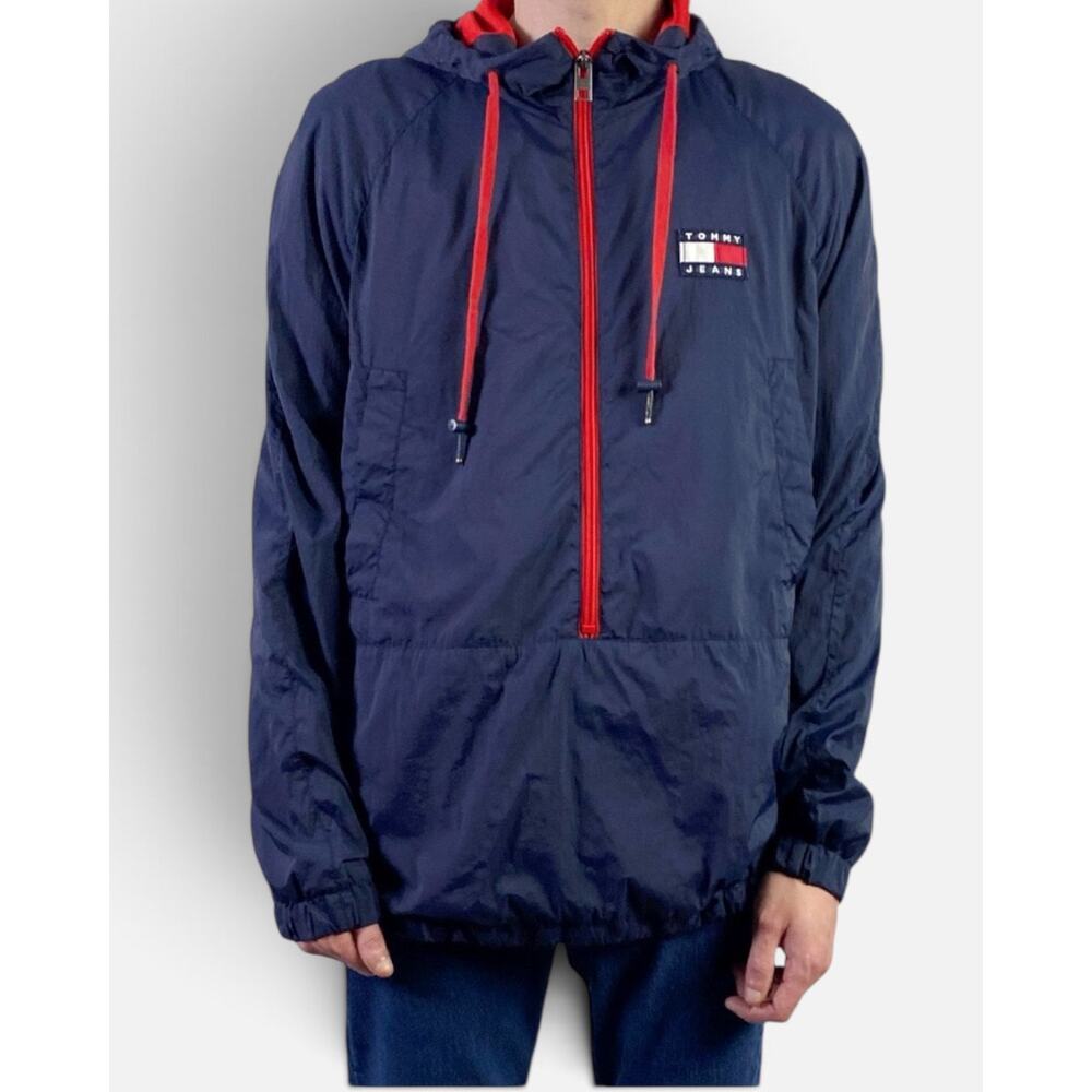 Tommy Jeans Pullover Anorak Windbreaker Hoodie Jacket Navy Blue Red Size XL